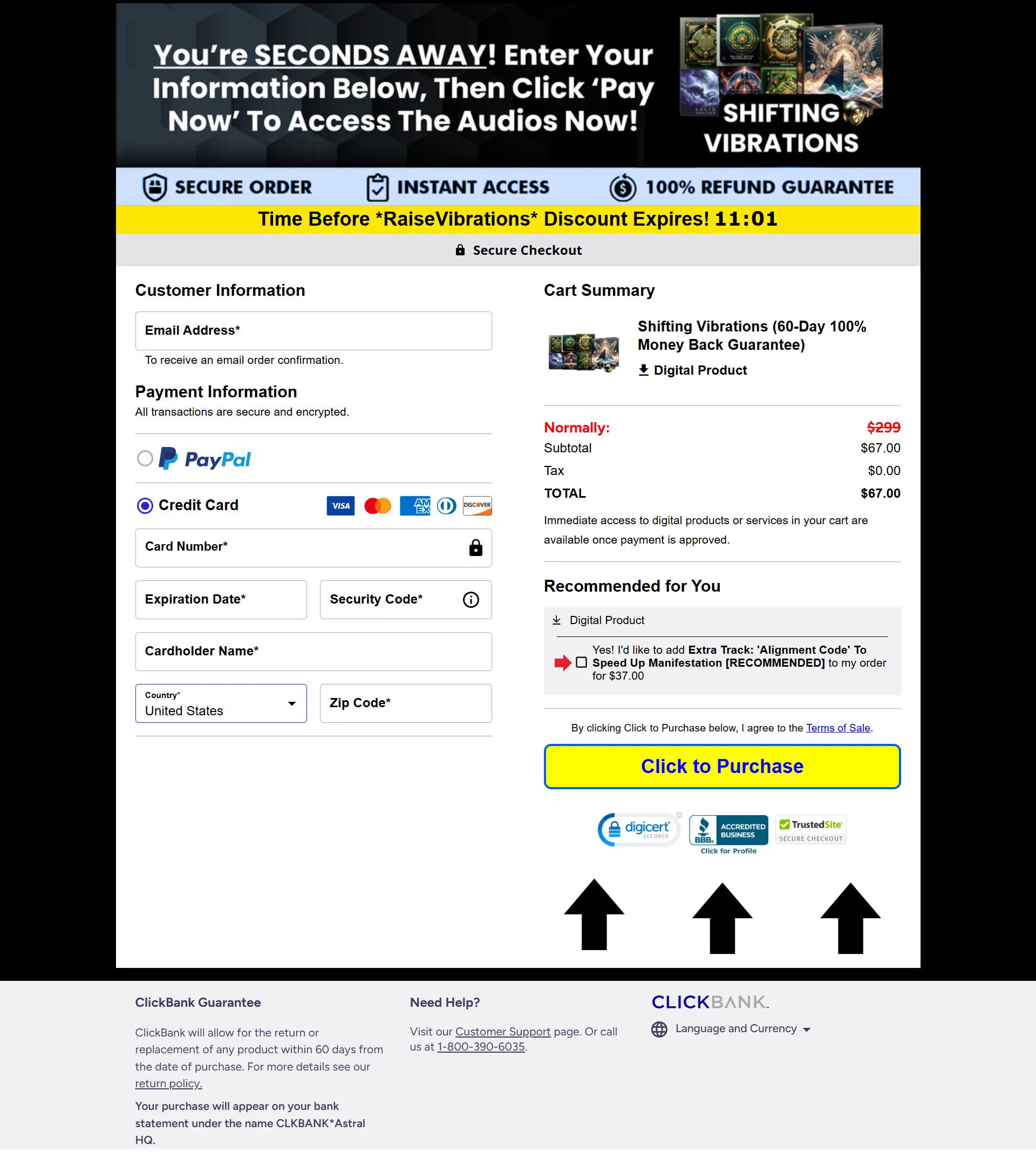 Shifting Vibrations checkout page with secure order and instant access details